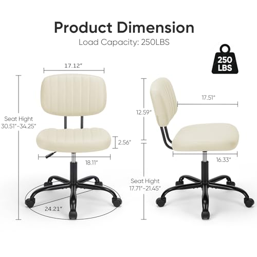 DUMOS Armless Home Office Desk Chair -Small Ergonomic with Low Back Lumbar Support, Height Adjustable PU Leather Computer Task with 360° Swivel Rolling Wheels, for Small Space, Beige White DUMOS