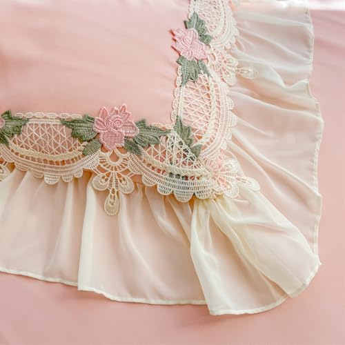 MOOWOO Flower Lace Ruffled Bedding Set- Sweet Girl Chiffon Ruffles Duvet Cover Set- 3PC(1 Full Duvet Cover 80x90 Inch, 2 Pillowcases) Aesthetic Bedding for Romantic French Wedding MOOWOO