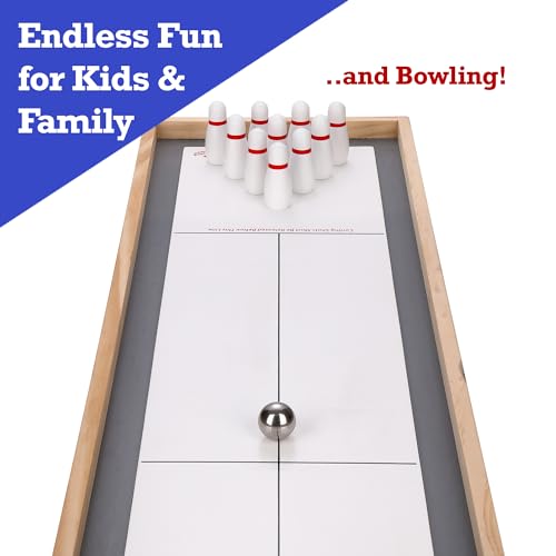 Sterling Games Tabletop Shuffleboard, Bowling and Curling 3 in 1 Combo Game Set, Two Sided Wooden Arcade Game Board with Pucks and Bowling Pins, a Table Top Game for Kids and Family STERLING