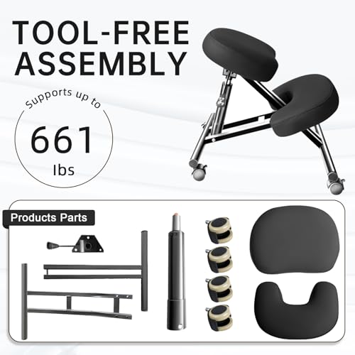 PU Leather Ergonomic Kneeling Chair, Adjustable Home and Office Stool with Thick Pads and Flexible Lockable Brake Wheels for Back Pain Relief(Black) DENGTELI