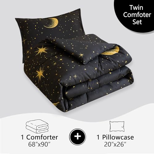 Caressma Black Comforter Moon Star Teen Boy Girl Galaxy Bedding Microfiber Twin Size Set 2 Pieces for All Seasons with Pillowcase Caressma