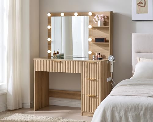 AMERLIFE 36.2" Fluted Vanity Desk with Mirror and Adjustable LED Lights, Large 4 Drawers Makeup Table with Glass Top and Charging Station for Women and Girls, Bedroom or Dorm, Natural Oak AMERLIFE