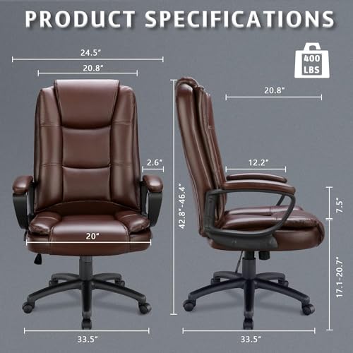 LEMBERI Office Desk Chair, High Back Executive Computer Chair, Ergonomic Big and Tall Adjustable PU Leather Chairs with Padded Armrest for Long Time Sitting (Brown) LEMBERI