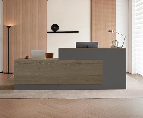 Modern L-Shaped Reception Desk with Counter - 71 Inches Front Desk with Storage Cabinet, Open Shelves, Lockable Drawer & Keyboard Tray for Office, Lobby, Checkout (Tobacco Wood & Iron Gray - Left) Anzhap