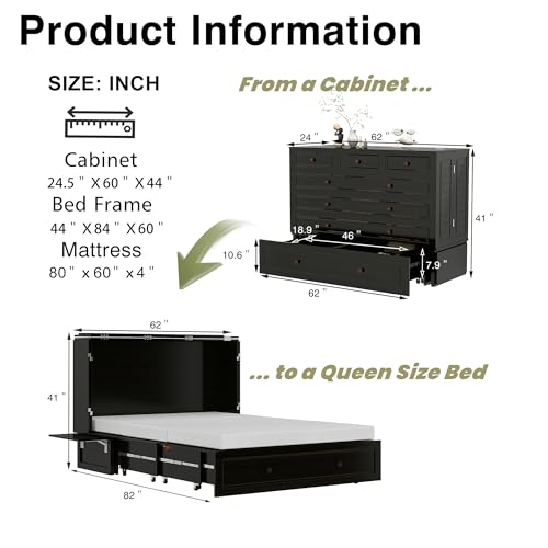 Keloyid Queen Murphy Bed Included Mattress:Wood Murphy Bed Cabinet with USB Charging Station and Large Storage Drawer for Bedrooms/Guest Rooms/Apartments, Black-13 Keloyid