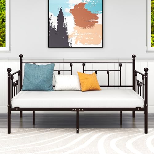 HOMERECOMMEND Metal Daybed Frame Twin Metal Slats Platform Base Box Spring Replacement Bed Sofa for Living Room Guest Room (Twin, Black Sanded) HOMERECOMMEND