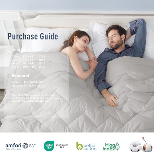 HOMTEC Queen Size Duvet Insert - All Season 100% Cotton Comforter - Quilted Fluffy Down Alternative Duvet Insert - Light Gray - Soft Breathable & Lightweight with 4 Corner Tabs HOMTEC