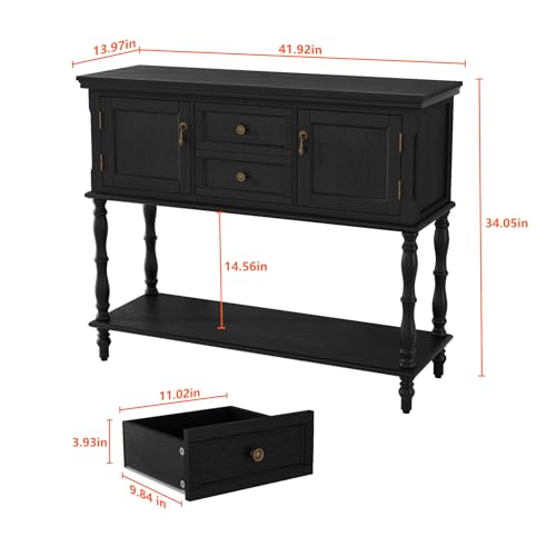 ARTPOWER Console Table with 2 Drawers, Retro Entryway Table with 2 Door Cabinets and Open Storage Shelf, Narrow Long Behind Couch Sofa Table for Living Room, Foyer, Hallway, Black ARTPOWER