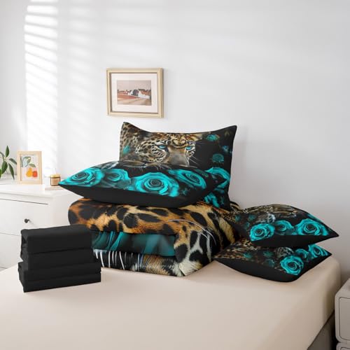 Erosebridal Cheetah King Size Comforter Set - Bedding Set King 7 Pieces,Turquoise Teal Rose Bed in a Bag Leopard Print African Animals Big Cat Bed Set with Comforter,Sheets,Pillowcases & Shams Erosebridal