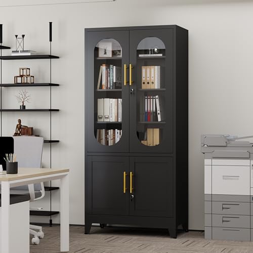 GAIOUS Metal Storage Cabinet with 2 Glass Doors, 71" Tall Lockable Cabinet with Adjustable Shelves, Black Steel Versatile Storage Cabinets for Home Office Garage Gym School GAIOUS