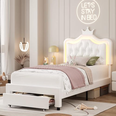 Keyluv Twin Upholstered LED Storage Bed Frame with Adjustable Crystal Crown Headboard in White