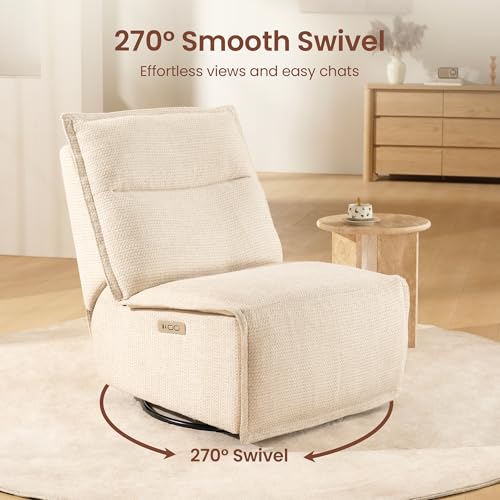 Power Recliner Chair Swivel Glider, 29" Extra Wide Seat with 270° Swivel, No Armrest Design, USB & Type-C Charging Ports, OEKO-TEX Fabric, Swivel Glider Recliner for Living Room, Easy Assembly, Beige