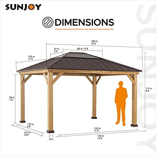 Sunjoy Hardtop Gazebo 11 x 13 ft. Standard Cedar Framed Wood Gazebos with Brown Steel and Polycarbonate Hip Roof for Garden, Backyard Shade, Brown Roof + Natural Wood Frame Sunjoy