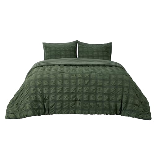 Bedsure Bed in a Bag Full - 7 Pieces Plaid Seersucker Bedding Comforter Sets, Soft Lightweight Olive Green Boho Bed Set with Comforters Full Size, Sheets, Pillowcases & Shams Bedsure