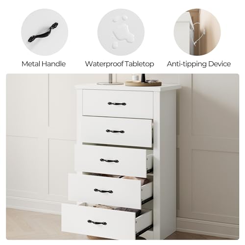 LINSY HOME White 5-Drawer Dresser - Modern Bedroom Chest with Wide Drawers, Wood Storage Organizer for Bedroom or Living Room LINSY HOME
