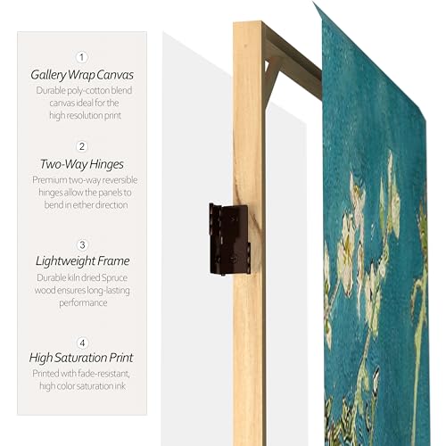 Red Lantern Double Sided Works of Van Gogh Canvas Folding Screen - Almond Blossoms/Wheat Field, 6 ft Tall - 4 Panel Red Lantern