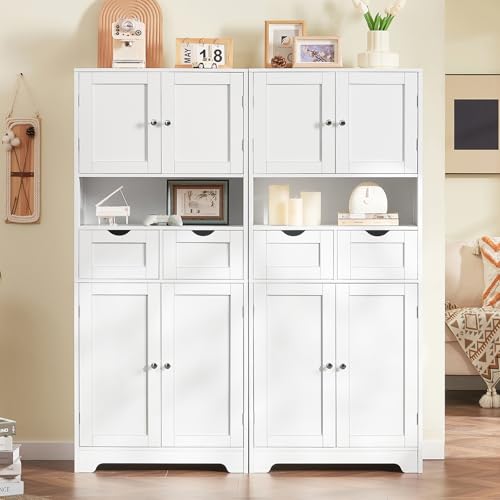 TEENFON 57.8" H Tall Bathroom Storage Cabinet with 4 Doors & 2 Adjustable Shelves, Freestanding Bathroom Cabinet with 2 Drawers, Kitchen Cabinets & Pantry, Cupboard for Kitchen, Dining Room, White TEENFON