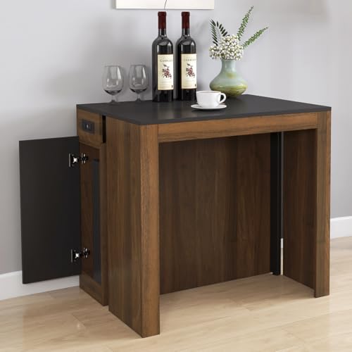 Hennhari Extendable Dining Table for 8-12 People, Expandable Console Table with Power Outlet for Dining Room & Living Room, Space Saving Kitchen Table with Extension Leaves Holder (Walnut Black) Hennhari
