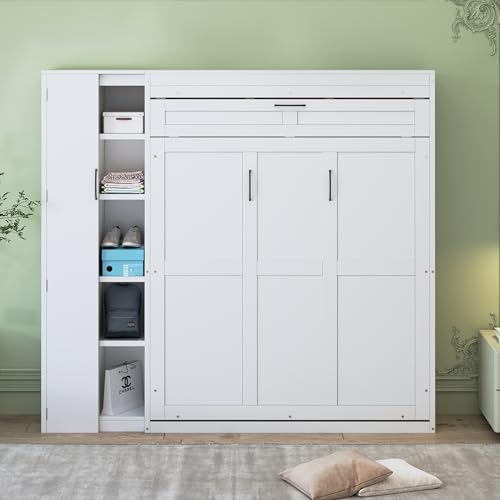 Ball & Cast Murphy Bed Full Size,Wall Chest with Shelves and 4 Drawers,Wood Hideaway Bed Cabinet Platform Bedframe w/LED Lights,can be Folded,Space-Saving,for Small Room,Dorms,White Ball & Cast