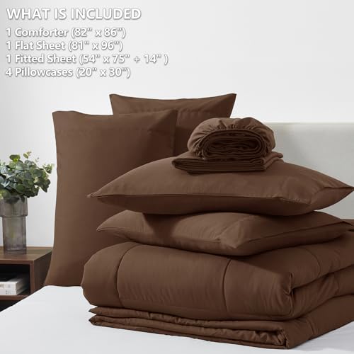 CozyLux Full Size Comforter Sets Brown, 7 Pieces Bed in a Bag, Brown Comforter Full Size, All Season Bedding Sets with Stitch Quilted Comforter, Flat Sheet, Fitted Sheet, Pillowcases