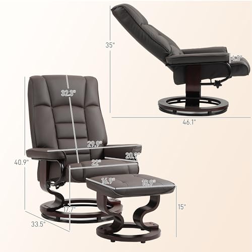 HOMCOM Faux Leather Reclining Chair, Swivel Ottoman Chair, Recliner with Ottoman with High Back and Wood Frame for Living Room, Brown HOMCOM