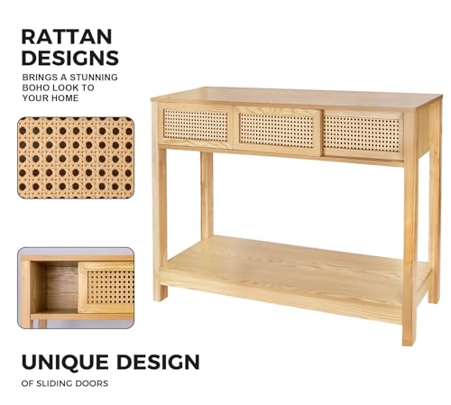 Long Console Table, Console Tables for Entryway, Rattan Entry Table Narrow Wood Console Table with Storage Drawers, Modern Couch Table Hallway Table Boho Sofa Table for Living Room ZYBT