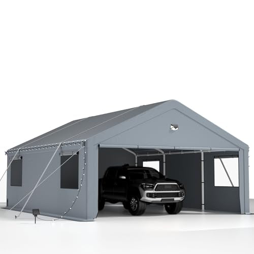 2 Car Carports Heavy Duty 20X20,Carport Canopy,Car Port with 180G Removable Side Walls,Portable Car Port Garage,Car Shelter All Weather,Gray Sannwsg