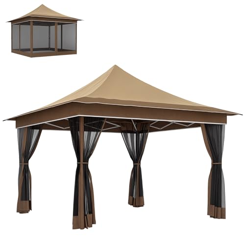 Outsunny 12 x 12 ft. Pop Up Canopy Tent with Mesh Netting, UPF50+ Instant Sun Shelter with Carry Bag, Height Adjustable Party Tent Instant Event Shelter for Garden, Patio, Beige Outsunny