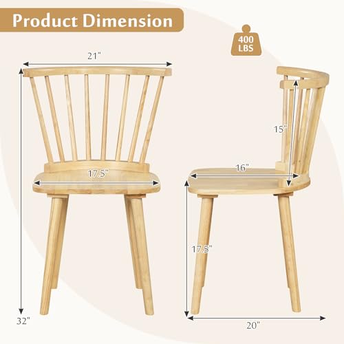 GOFLAME Windsor Dining Chairs Set of 4, Solid Wood Kitchen Chairs with Ergonomic Spindle Back, 400 LBS Weight Capacity, Farmhouse Armless Side Chairs for Dining Room, Living Room, Natural GOFLAME