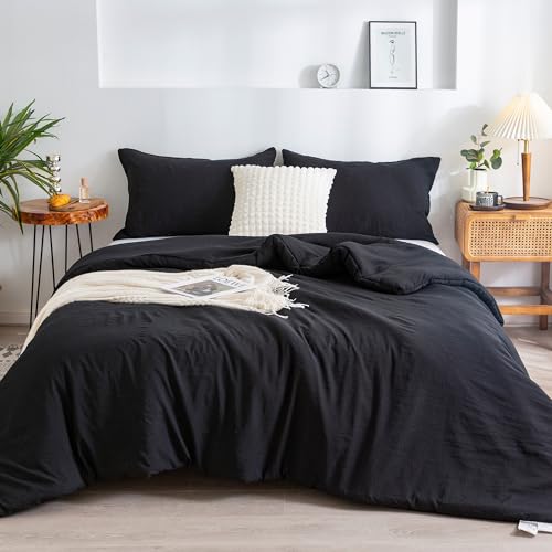 Ultra-Soft Black Twin Comforter Set, Washed Cotton 2 Piece Fluffy Lightweight Down Alternative Bedding Comforter for All Seasons - 1 Conforter and 1 Pillowcase - Twin/Twin XL Size Signal Dorm Kids Bed COTTEBED
