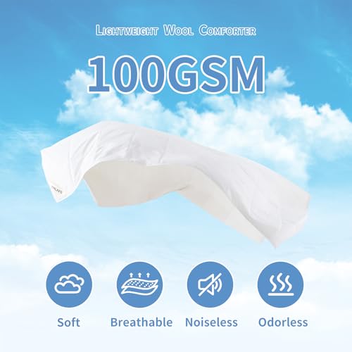 YMLIVE Summer Lightweight Wool Comforter Twin Size, 100GSM Thin Duvet Insert, Noiseless Cotton Shell, Breathable Light Down Alternative Comforter(White) YMLIVE