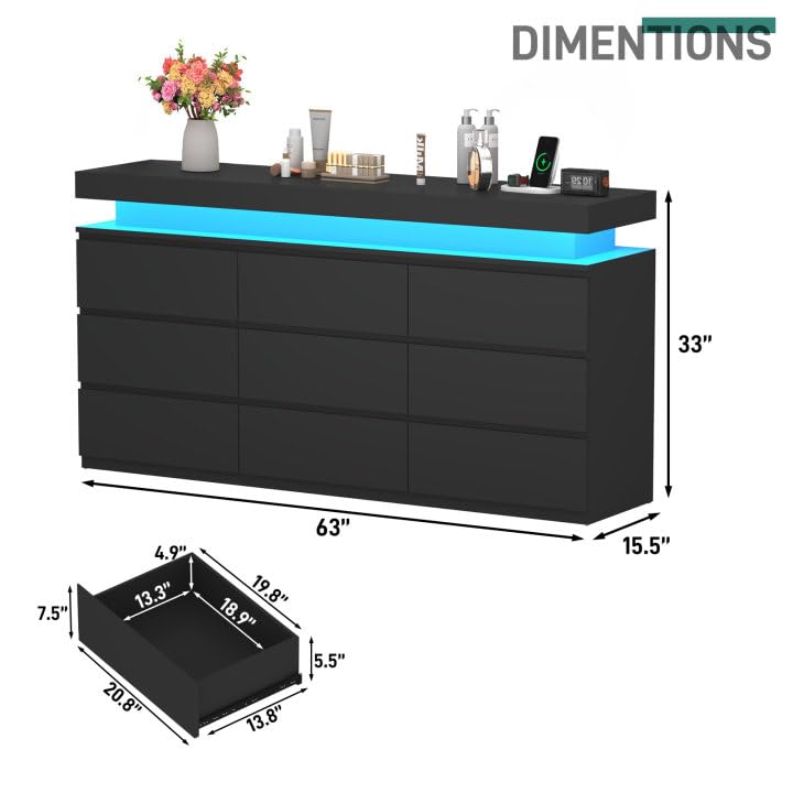 St.Mandyu 9 Drawer Dresser with Power Outlet, 63" Wide Dresser with LED Light, Modern Chest of Drawers for Closet, Double Drawer Organizer Cabinet for Bedroom, Living Room, Black St.Mandyu