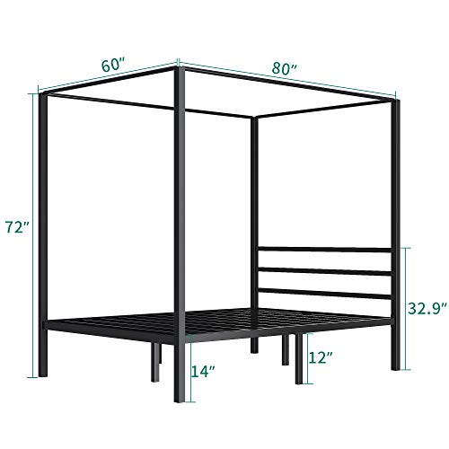 YITAHOME Canopy Bed Frame Queen Size Metal Four Posters 14 Inch Platform with Built-in Headboard Strong Metal Slat Mattress Support, No Box Spring Needed, Black