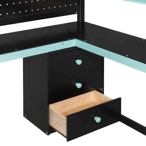 FUvellamo Full Size Gaming Loft Bed with Desk, Wood Gaming Loft Bed Frame with Storage Stairs, Drawers, Shelves & Pegboard, Esports Gaming Loft Bed for Kids, Teens, Adults, Black+Blue FUvellamo