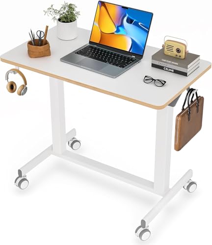 JOY worker Mobile Standing Desk, 35In Small Standing Desk, Pneumatic Height Adjustable Rolling Table Holds Up to 33lbs, White Mobile Laptop Workstation with Dual Handles & Columns, White JOY worker