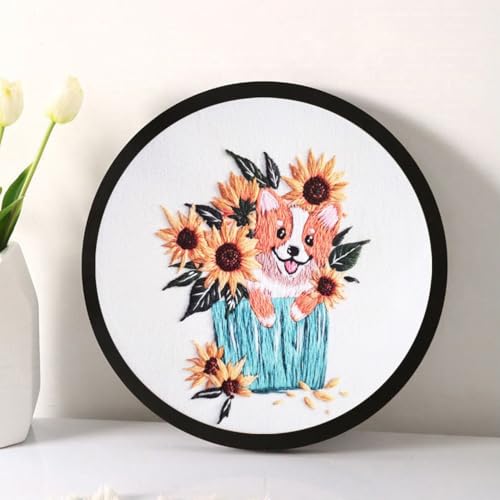 Esffaci Embroidery Starter Kit for Adult Beginner with Dog Sunflower Pattern Hand Embroidery Set with Embroidery Cloth Hoop Needle Threader Embroidery Floss and Instruction