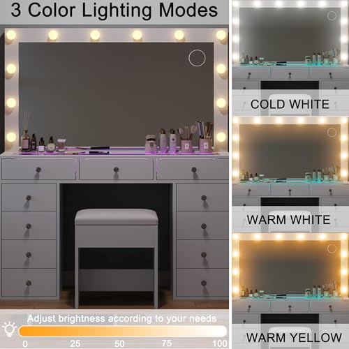 Vanity Desk with Mirror, Makeup Table with Power Outlet and 11 Lights, Set 3 Lighting with RGB Drawers, Vanity Table with 11 Drawers and Cushioned Stool for Bedroom, Dressing Room (White) CollaredEagle