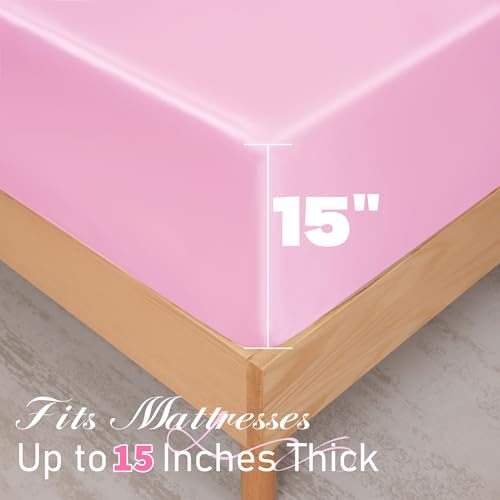 NSGZ 2 Pcs Satin Fitted Sheet and Pillowcase Set, Twin Silky Bottom Bedsheet Fit up to 15 Inch Deep Pocket Mattress, Pink Soft Satin Bedding Includes 1 Fitted Sheet and 1 Pillowcases NSGZ