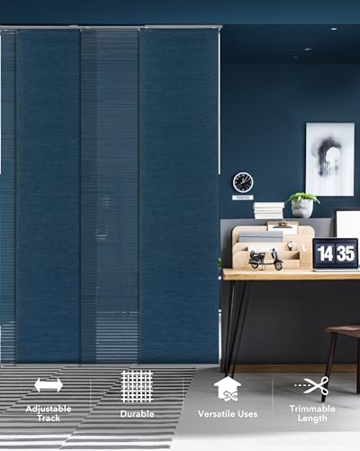 GoDear Design Adjustable Sliding Vertical Blinds for Sliding Glass Doors, Hanging Room Dividers, Extendable Track from 45.8" to 86" W, Trimmable Panel Curtains Up to 96", Semi-Sheer, Blue, Meteor GoDear Design