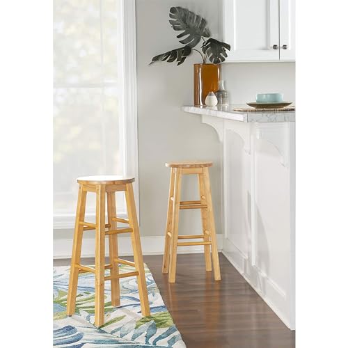 PJ Wood 29 Inch Tall Classic Round Seat Kitchen Counter Bar Stools 2 Pack with 4 Square Legs for Homes, Dining Spaces, and Bars, Natural PJ Wood