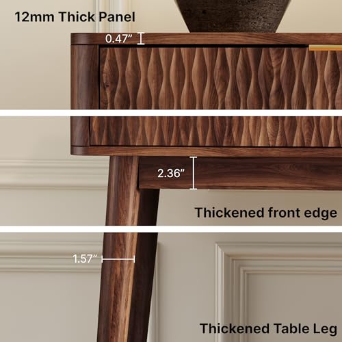 Cooday Console Table with Solid Wood Leg,Fluted Entryway Table with Storage Drawers, Mid-Century Modern Narrow Console Table for Living Room,Hallway,Walnut Cooday