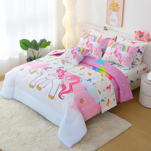 JQinHome Unicorn Full Bedding Sets for Girls Kids,8 Piece Bed in A Bag 3D Pink Sky Rainbow Clouds Theme Unicorn Comforter Set with Sheet Set(Pink Purple) JQinHome