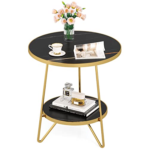 Tribesigns Faux Marble End Table, 2 Tier Round Side Table with Shelves, Modern Black Nightstand Bedside Table Small Coffee Accent Table for Living Room Bedroom, Black and Gold Tribesigns