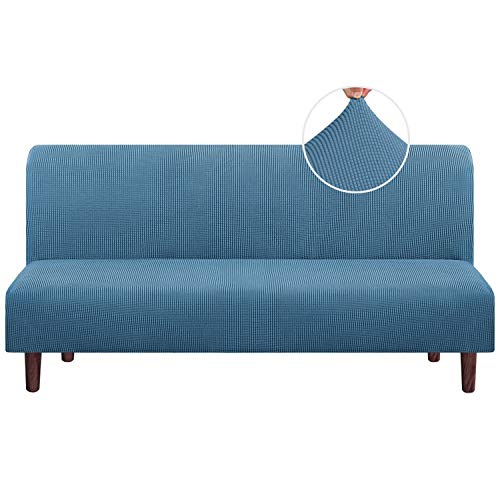 PrinceDeco Stretch Armless Futon Cover - Full Queen Size Sofa Slipcover - Furniture Protector With Elastic Bottom, Checked Pattern Jacquard, Dusty Blue PrinceDeco