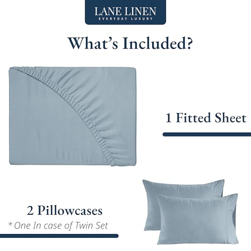 LANE LINEN 100% Organic Cotton Fitted Sheet Queen Size - 3 Pc Set (1 Fitted Sheet, 2 Pillowcases), Percale Weave, Soft, Breathable, Fits Mattress Upto 15" Deep - French Blue (No Flat Sheet) LANE LINEN