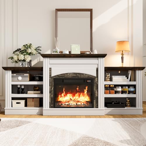 Frmobepts 72" Electric Fireplace TV Stand, Electric Fireplace with Mantel, Modern Entertainment Center with Storage, Realistic Stacked Stone Surround for Living Room Frmobepts