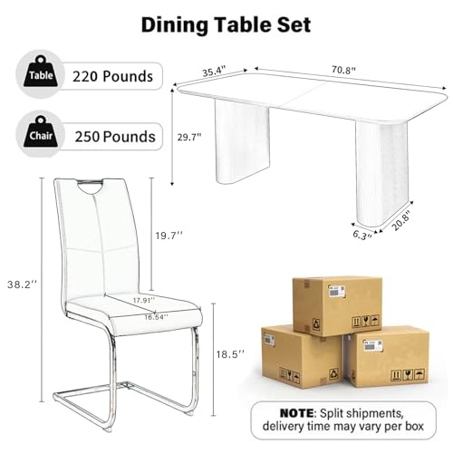 RGZ Modern Oval Dining Table Set for 6, 71" Cream White Kitchen Table with Ripple Legs & 6 White Silver Faux Leather Chairs, Easy to Clean Dinner Table Set for Office, Home, Dining Room RGZ