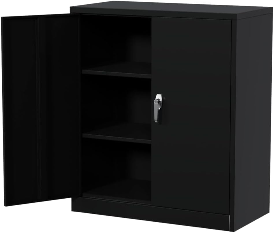 Metal Storage Cabinet with Lock, 35.4" High Garage Tool Cabinet with Adjustable Shelf & Handle, Tool Organizer for Garage, Workshop, Home, Office, Black Tioutbot