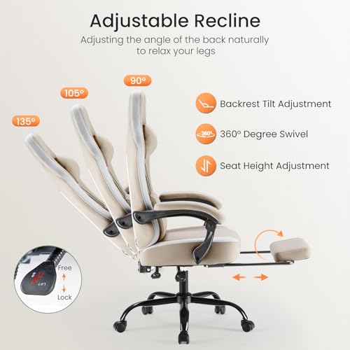 Sweetcrispy Computer Gaming Chair - High Back Ergonomic Desk Chair with Footrest and Lumbar Support, Height Adjustable Task Chair with Linkage Armrests and Headrest, 360° Swivel Wheels, Khaki Sweetcrispy