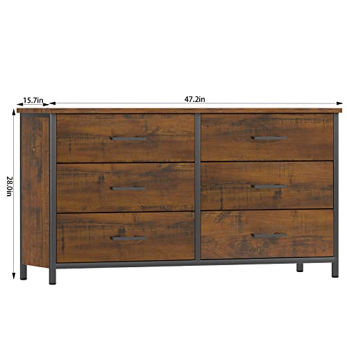 IKENO 6 Drawer Double Dresser, Industrial Wood Dresser for Bedroom, Storage Cabinet with Sturdy Steel Frame IKENO